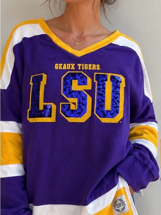 PINK Victoria's Secret Tops - PINK Victoria's Secret x 5th Ocean Purple, Gold & White LSU V-Neck Jersey Shirt